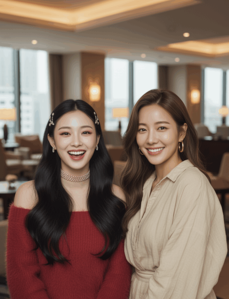 두명의 모델이 호텔 라운지에서 반갑게 만나서 즐거워하고 있다