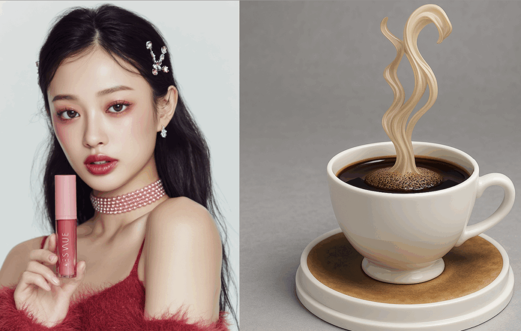 화장품 모델과 커피 피규어를 합성하기 전의 모습