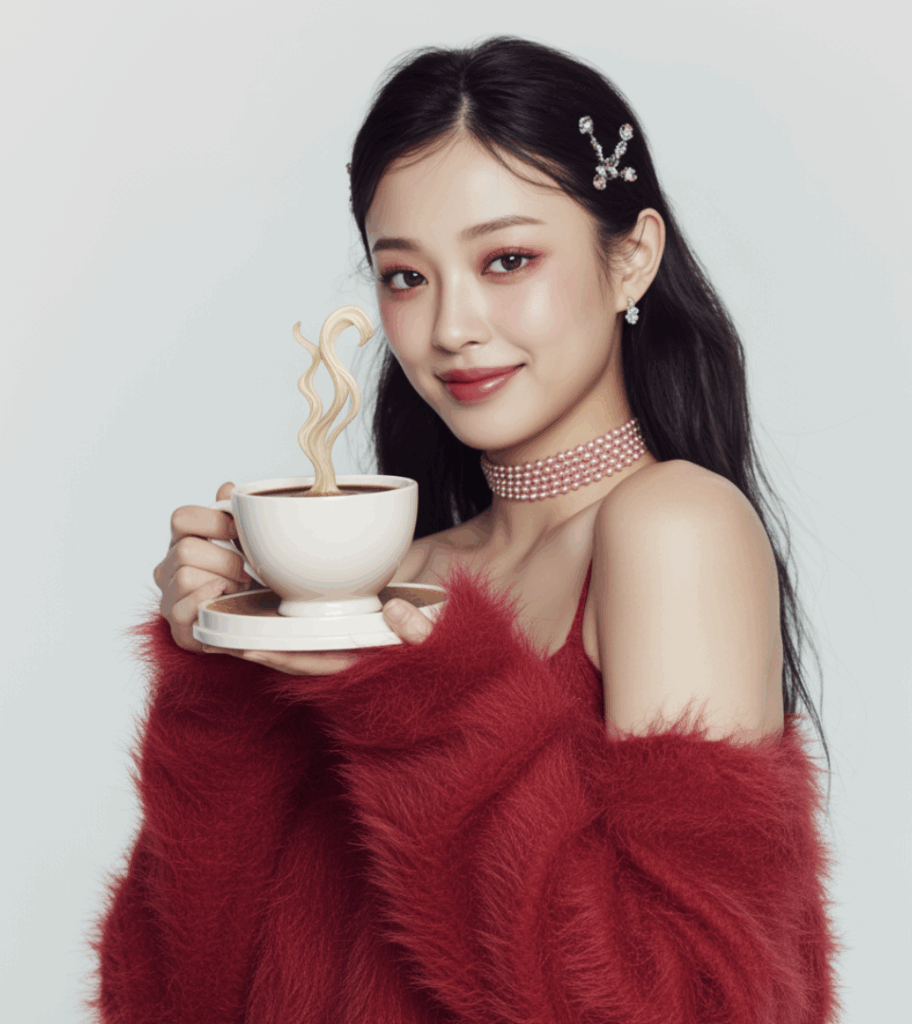 여자 모델이 커피 피큐어를 들고 있는 자연스러운 포즈를 취하고 있다