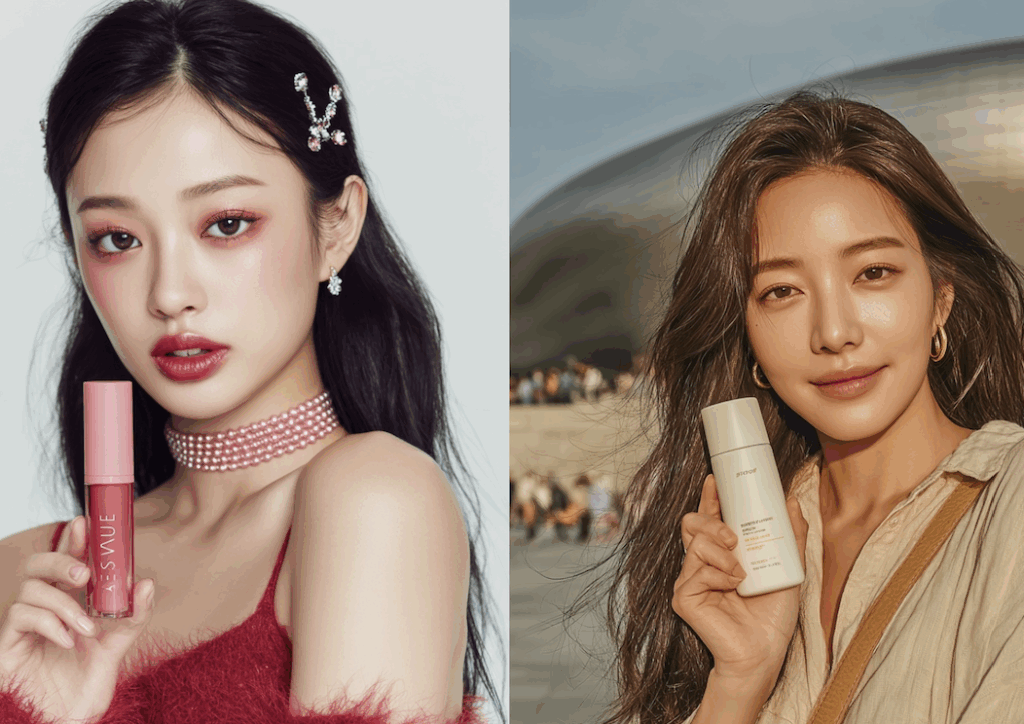 두명의 화장품 모델들이 각자의 포즈를 취하고 있다.